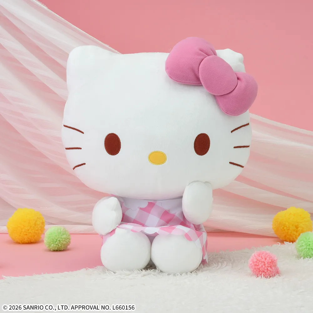 ハローキティ　LLぬいぐるみ　ピンクチェックVer.
