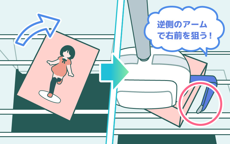 逆のアームで右前の方を狙う