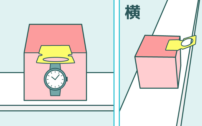 フックが付いた箱型景品の取り方です。手前の落とし口に落とすと獲得です。